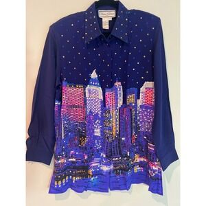 Diane Gilman Silk Cityscape Sequins Button Up Shirt Top Womens M Blue New Years